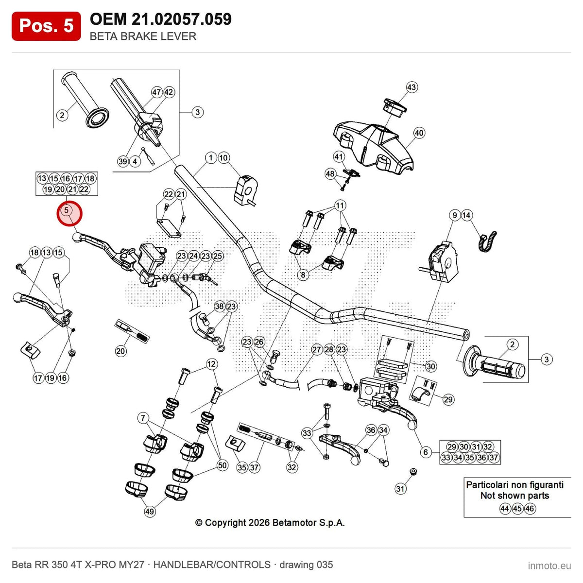 BETA BRAKE LEVER – OEM 21.02057.059, position 5 on the Beta RR 350 4T X-PRO MY27 handlebar/controls drawing