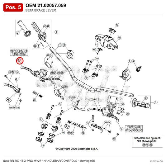 BETA BRAKE LEVER – OEM 21.02057.059, position 5 on the Beta RR 350 4T X-PRO MY27 handlebar/controls drawing