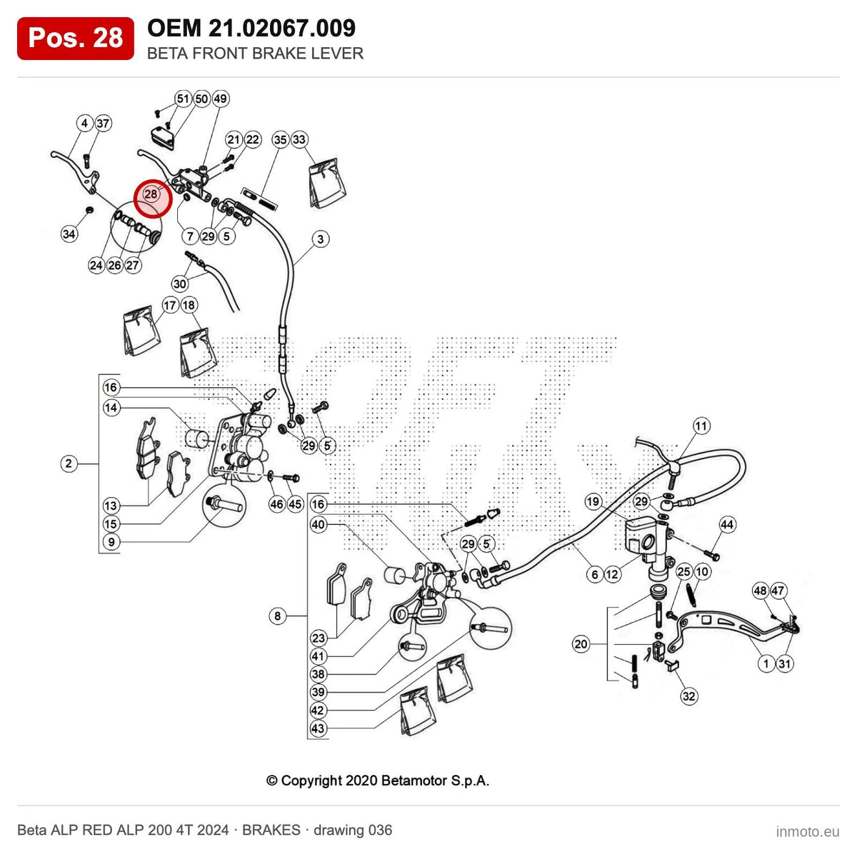 BETA FRONT BRAKE LEVER – OEM 21.02067.009, position 28 on the Beta ALP RED ALP 200 4T 2024 brakes drawing
