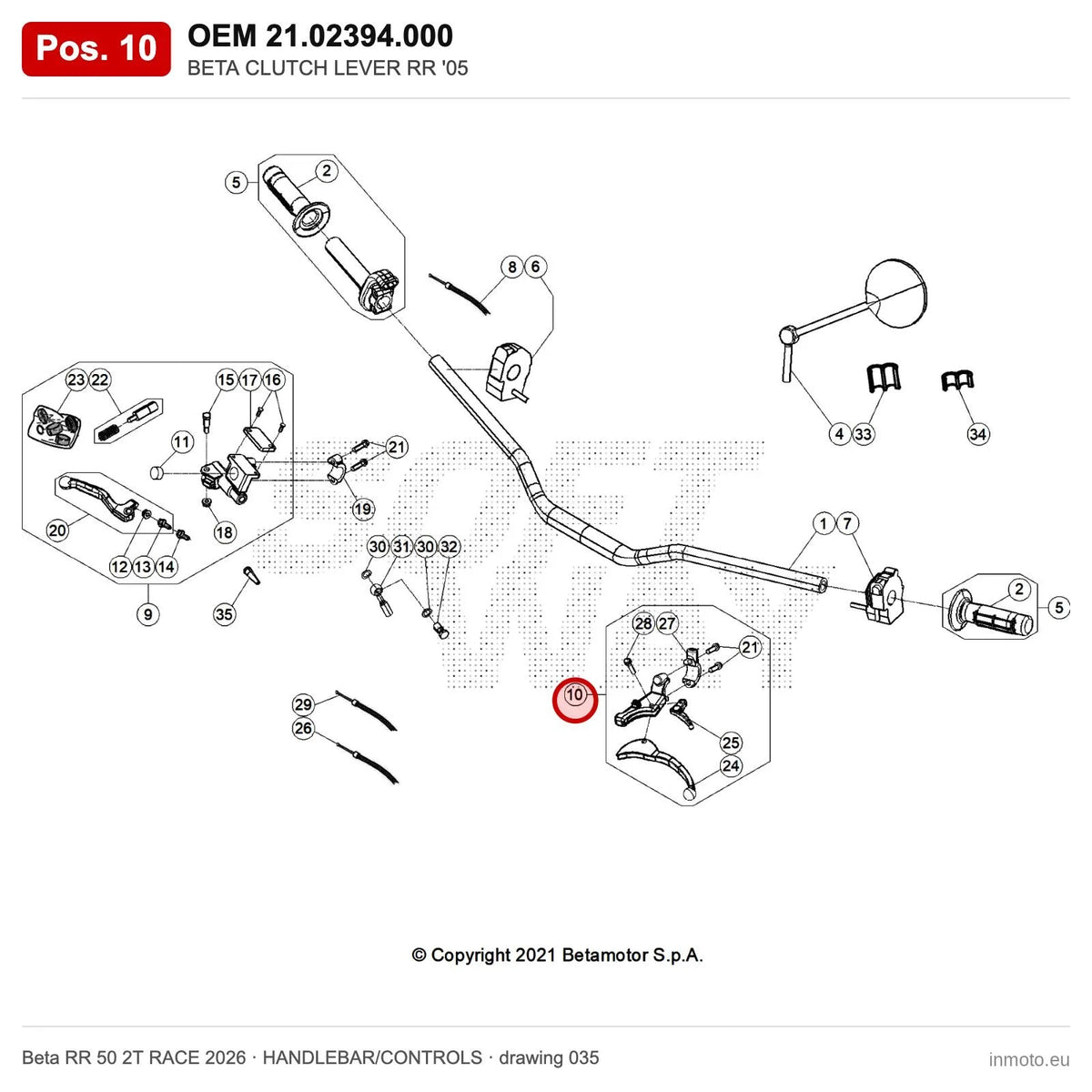BETA CLUTCH LEVER RR '05 – OEM 21.02394.000, position 10 on the Beta RR 50 2T RACE 2026 handlebar/controls drawing