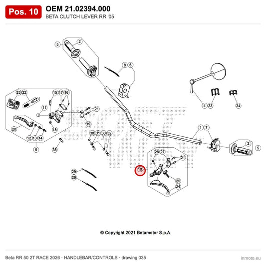 BETA CLUTCH LEVER RR '05 – OEM 21.02394.000, position 10 on the Beta RR 50 2T RACE 2026 handlebar/controls drawing