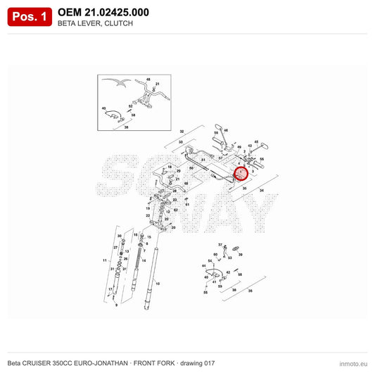 BETA LEVER, CLUTCH – OEM 21.02425.000, position 1 on the Beta CRUISER 350CC EURO-JONATHAN front fork drawing