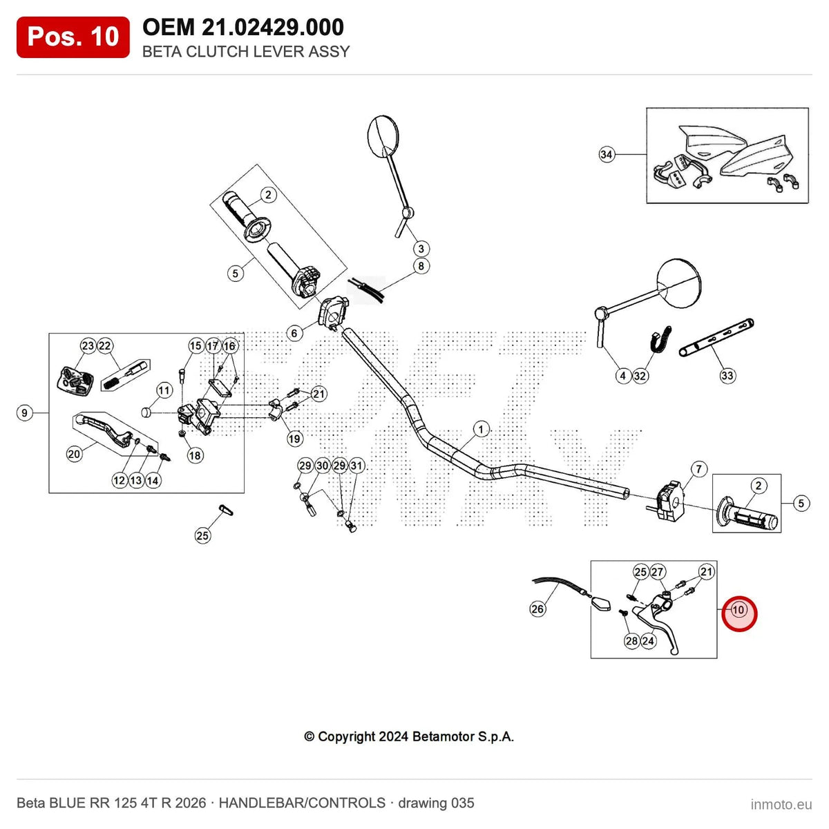 BETA CLUTCH LEVER ASSY – OEM 21.02429.000, position 10 on the Beta BLUE RR 125 4T R 2026 handlebar/controls drawing