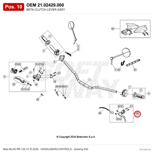 BETA CLUTCH LEVER ASSY – OEM 21.02429.000, position 10 on the Beta BLUE RR 125 4T R 2026 handlebar/controls drawing