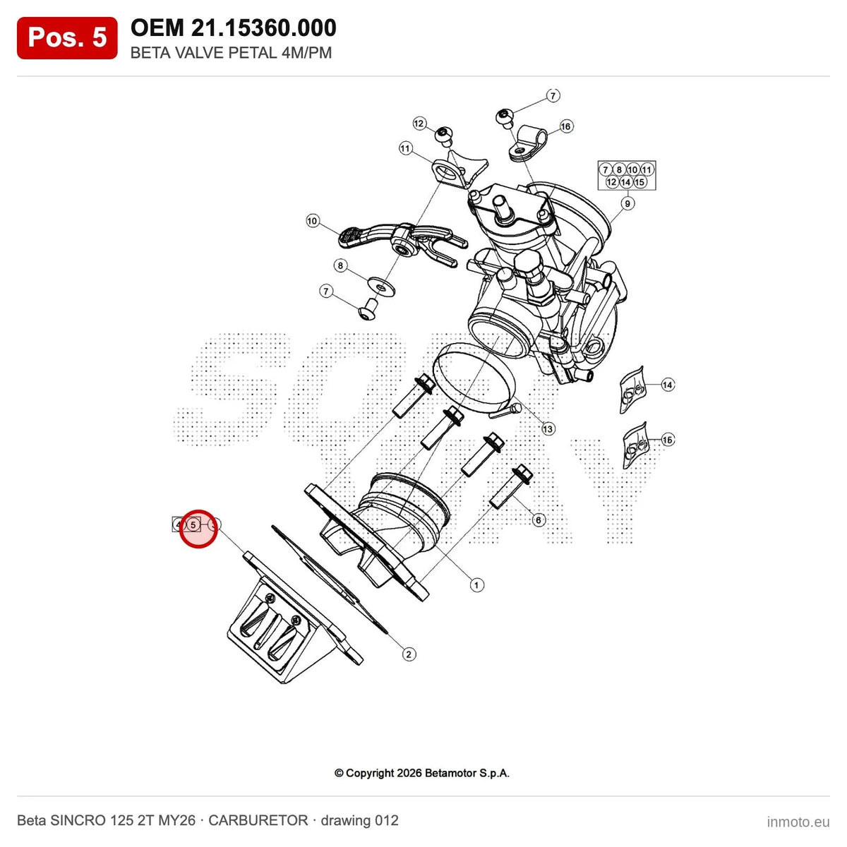 BETA VALVE PETAL 4M/PM – OEM 21.15360.000, position 5 on the Beta SINCRO 125 2T MY26 carburetor drawing