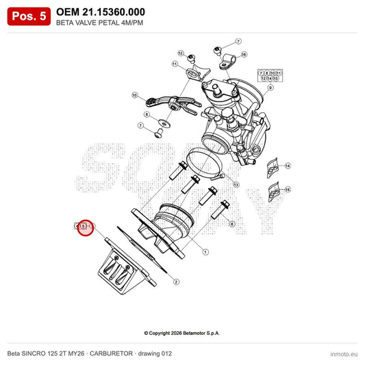 BETA VALVE PETAL 4M/PM – OEM 21.15360.000, position 5 on the Beta SINCRO 125 2T MY26 carburetor drawing
