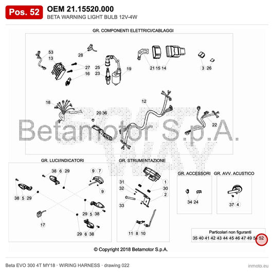 BETA WARNING LIGHT BULB 12V-4W – OEM 21.15520.000, position 52 on the Beta EVO 300 4T MY18 wiring harness drawing