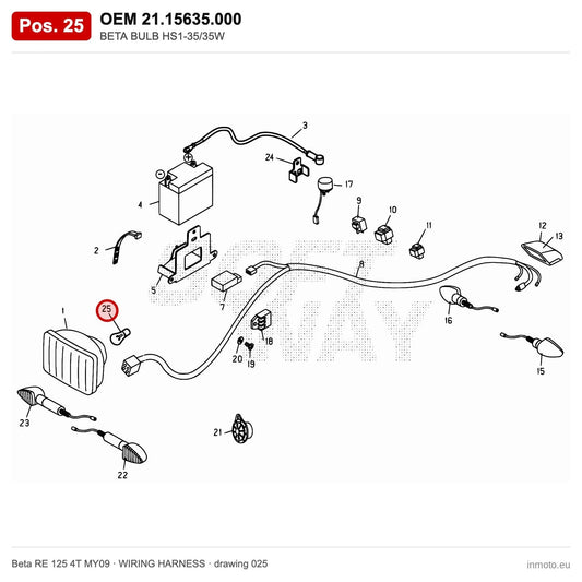 BETA BULB HS1-35/35W – OEM 21.15635.000, position 25 on the Beta RE 125 4T MY09 wiring harness drawing