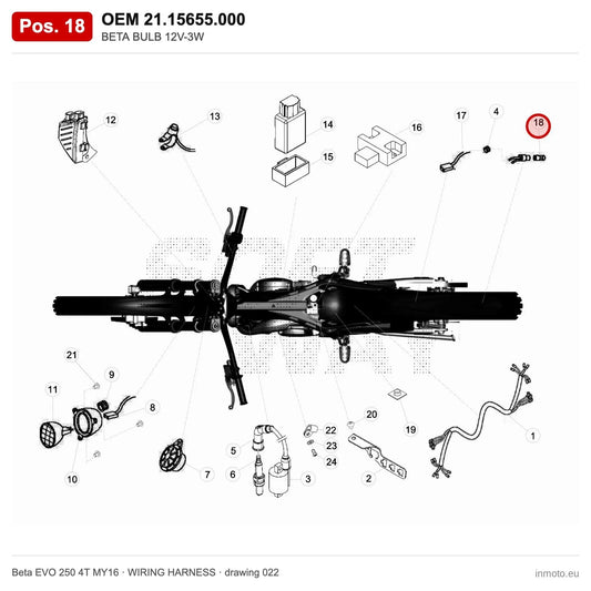 BETA BULB 12V-3W – OEM 21.15655.000, position 18 on the Beta EVO 250 4T MY16 wiring harness drawing