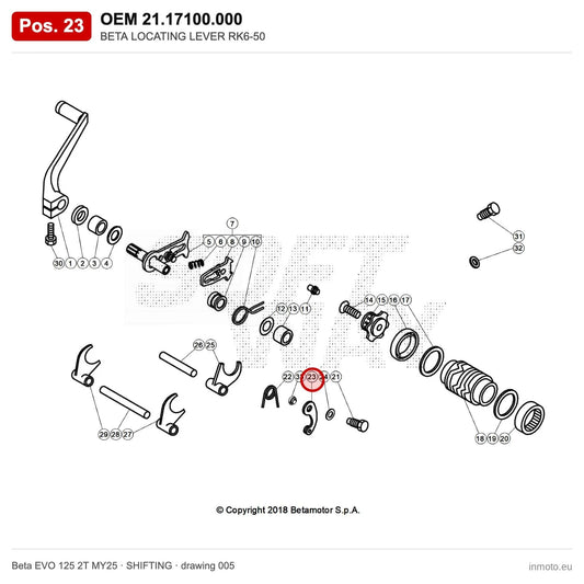 BETA LOCATING LEVER RK6-50 – OEM 21.17100.000, position 23 on the Beta EVO 125 2T MY25 shifting drawing