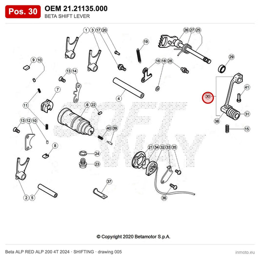 BETA SHIFT LEVER – OEM 21.21135.000, position 30 on the Beta ALP RED ALP 200 4T 2024 shifting drawing