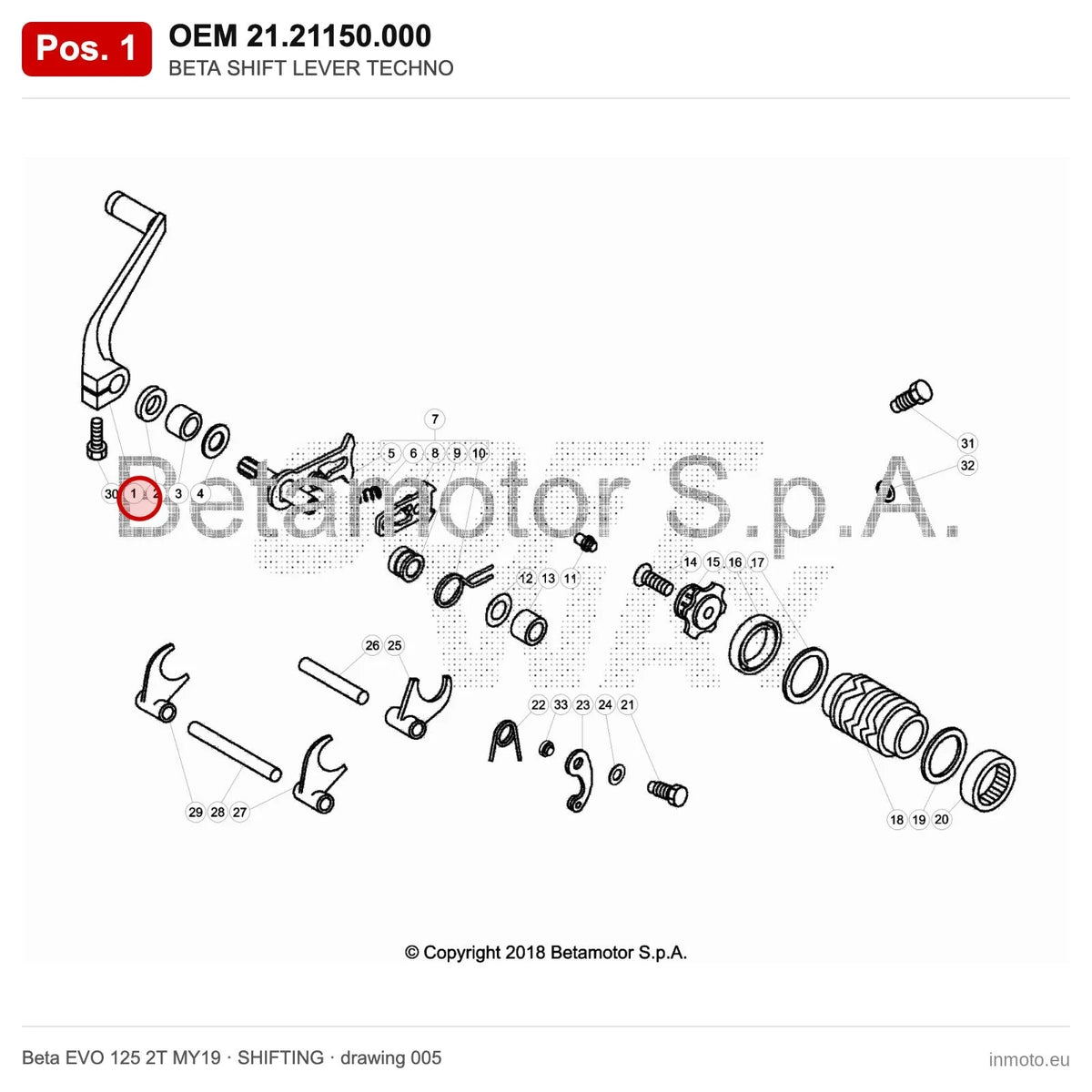 BETA SHIFT LEVER TECHNO – OEM 21.21150.000, position 1 on the Beta EVO 125 2T MY19 shifting drawing
