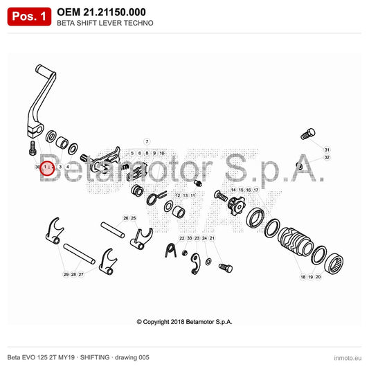 BETA SHIFT LEVER TECHNO – OEM 21.21150.000, position 1 on the Beta EVO 125 2T MY19 shifting drawing