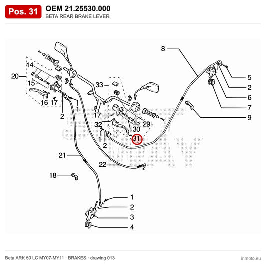 BETA REAR BRAKE LEVER – OEM 21.25530.000, position 31 on the Beta ARK 50 LC MY07-MY11 brakes drawing