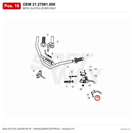 BETA CLUTCH LEVER ONLY – OEM 21.27081.000, position 16 on the Beta EVO 80 JUNIOR MY18 handlebar/controls drawing