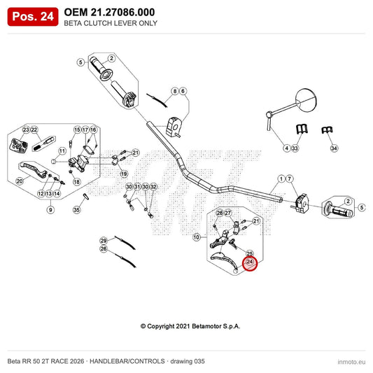 BETA CLUTCH LEVER ONLY – OEM 21.27086.000, position 24 on the Beta RR 50 2T RACE 2026 handlebar/controls drawing