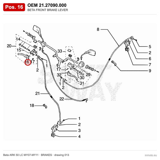 BETA FRONT BRAKE LEVER – OEM 21.27090.000, position 16 on the Beta ARK 50 LC MY07-MY11 brakes drawing