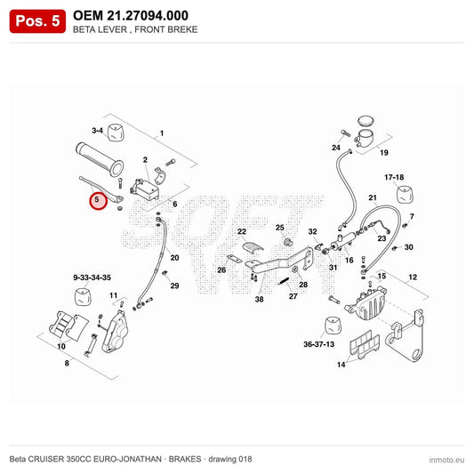 BETA LEVER , FRONT BREKE – OEM 21.27094.000, position 5 on the Beta CRUISER 350CC EURO-JONATHAN brakes drawing