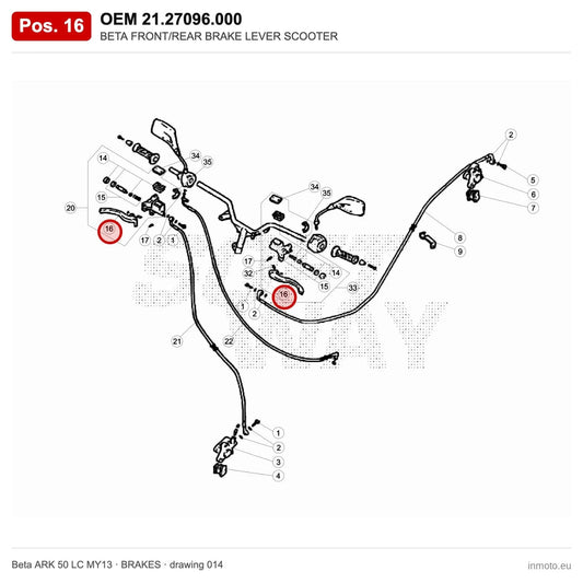 BETA FRONT/REAR BRAKE LEVER SCOOTER – OEM 21.27096.000, position 16 on the Beta ARK 50 LC MY13 brakes drawing