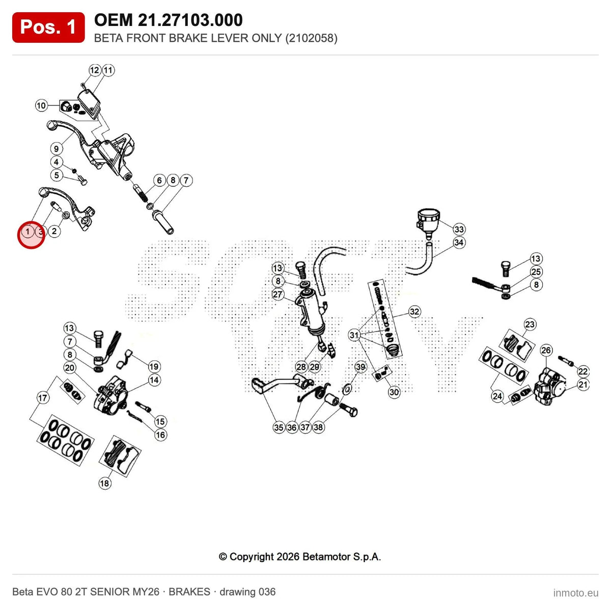 BETA FRONT BRAKE LEVER ONLY (2102058) – OEM 21.27103.000, position 1 on the Beta EVO 80 2T SENIOR MY26 brakes drawing