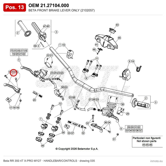 BETA FRONT BRAKE LEVER ONLY (2102057) – OEM 21.27104.000, position 13 on the Beta RR 350 4T X-PRO MY27 handlebar/controls drawing
