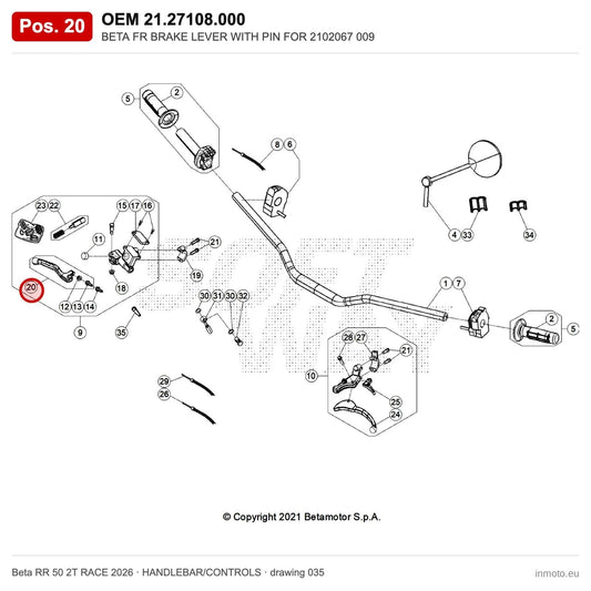 BETA FR BRAKE LEVER WITH PIN FOR 2102067 009 – OEM 21.27108.000, position 20 on the Beta RR 50 2T RACE 2026 handlebar/controls drawing