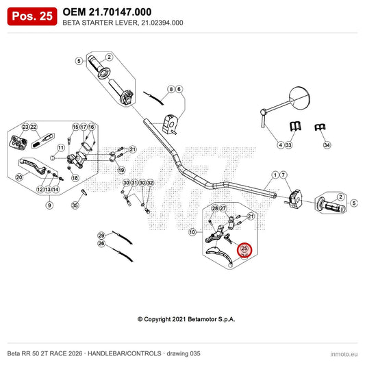 BETA STARTER LEVER, 21.02394.000 – OEM 21.70147.000, position 25 on the Beta RR 50 2T RACE 2026 handlebar/controls drawing