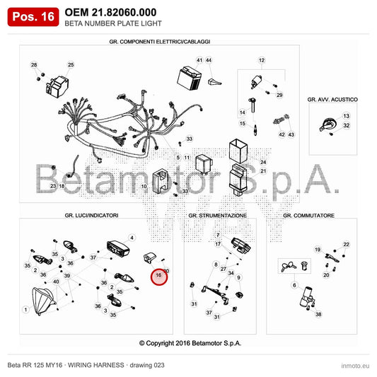 BETA NUMBER PLATE LIGHT – OEM 21.82060.000, position 16 on the Beta RR 125 MY16 wiring harness drawing