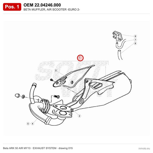 BETA MUFFLER, AIR SCOOTER -EURO 2- – OEM 22.04246.000, position 1 on the Beta ARK 50 AIR MY13 exhaust system drawing