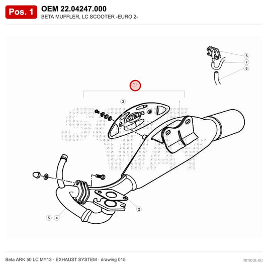 BETA MUFFLER, LC SCOOTER -EURO 2- – OEM 22.04247.000, position 1 on the Beta ARK 50 LC MY13 exhaust system drawing