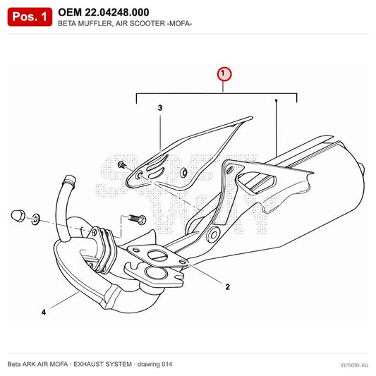 BETA MUFFLER, AIR SCOOTER -MOFA- – OEM 22.04248.000, position 1 on the Beta ARK AIR MOFA exhaust system drawing