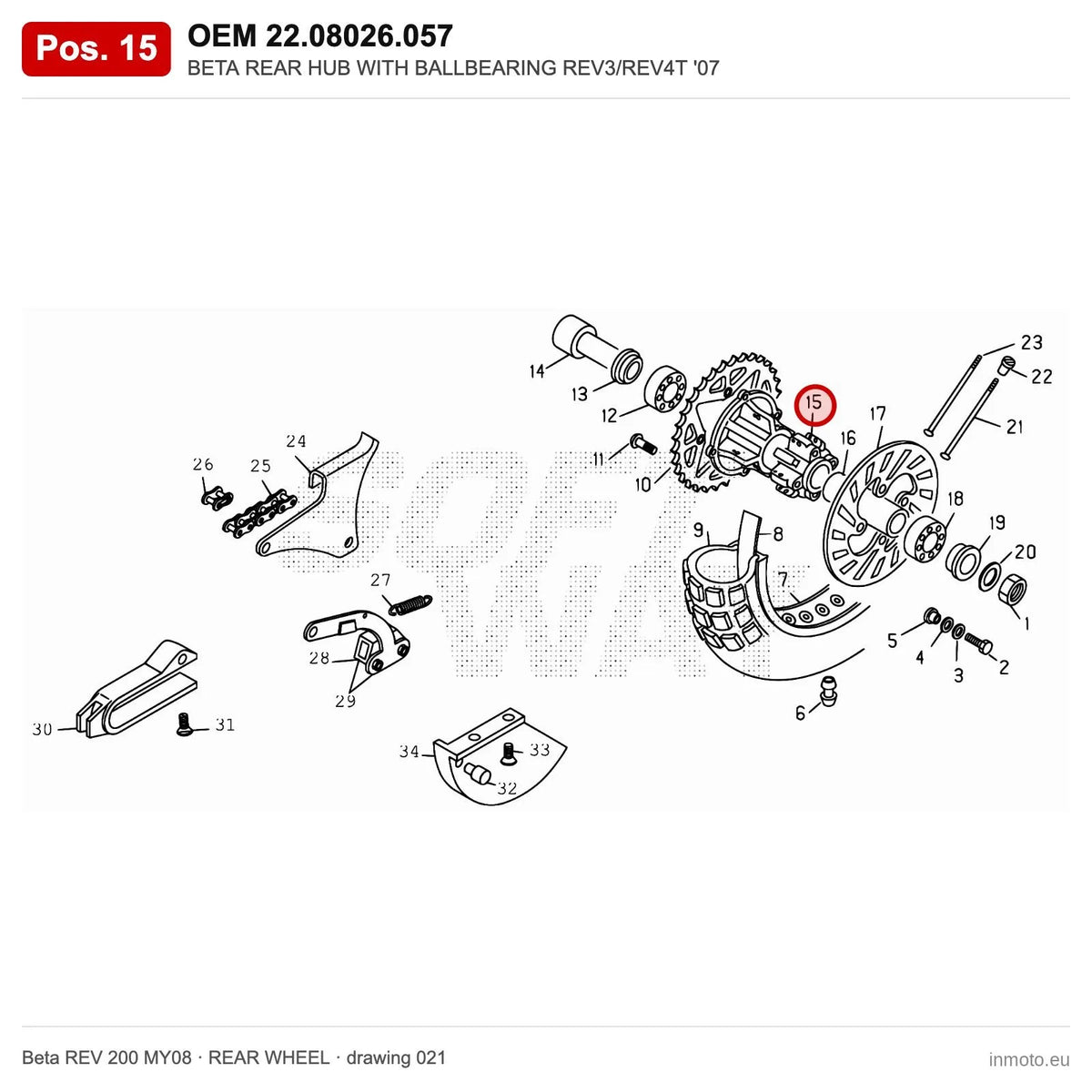 BETA REAR HUB WITH BALLBEARING REV3/REV4T '07 – OEM 22.08026.057, position 15 on the Beta REV 200 MY08 rear wheel drawing