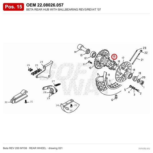 BETA REAR HUB WITH BALLBEARING REV3/REV4T '07 – OEM 22.08026.057, position 15 on the Beta REV 200 MY08 rear wheel drawing