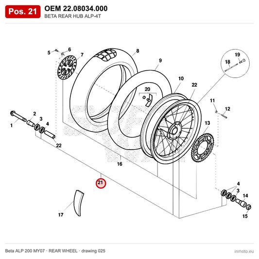 BETA REAR HUB ALP-4T – OEM 22.08034.000, position 21 on the Beta ALP 200 MY07 rear wheel drawing