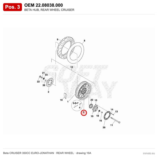 BETA HUB, REAR WHEEL CRUISER – OEM 22.08038.000, position 3 on the Beta CRUISER 350CC EURO-JONATHAN rear wheel drawing