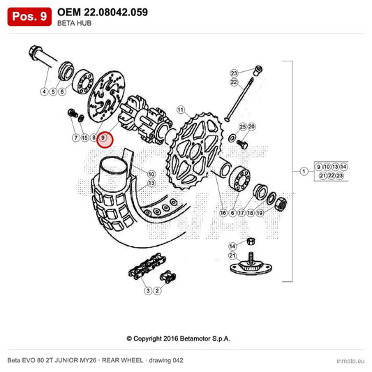 BETA HUB – OEM 22.08042.059, position 9 on the Beta EVO 80 2T JUNIOR MY26 rear wheel drawing