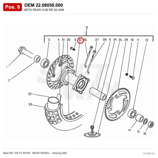 BETA REAR HUB RR 50 AM6 – OEM 22.08050.000, position 6 on the Beta RE 125 4T MY09 rear wheel drawing