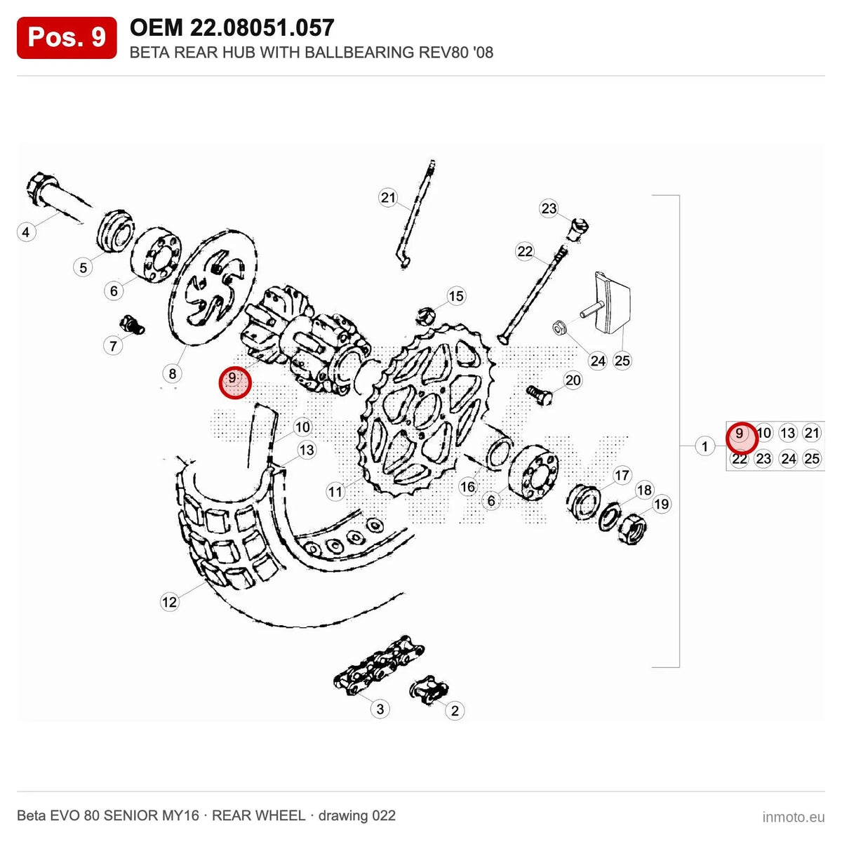 BETA REAR HUB WITH BALLBEARING REV80 '08 – OEM 22.08051.057, position 9 on the Beta EVO 80 SENIOR MY16 rear wheel drawing