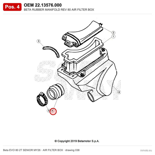 BETA RUBBER MANIFOLD REV 80 AIR FILTER BOX – OEM 22.13576.000, position 4 on the Beta EVO 80 2T SENIOR MY26 air filter box drawing