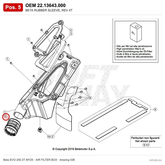 BETA RUBBER SLEEVE, REV 4T – OEM 22.13643.000, position 5 on the Beta EVO 250 2T MY25 air filter box drawing