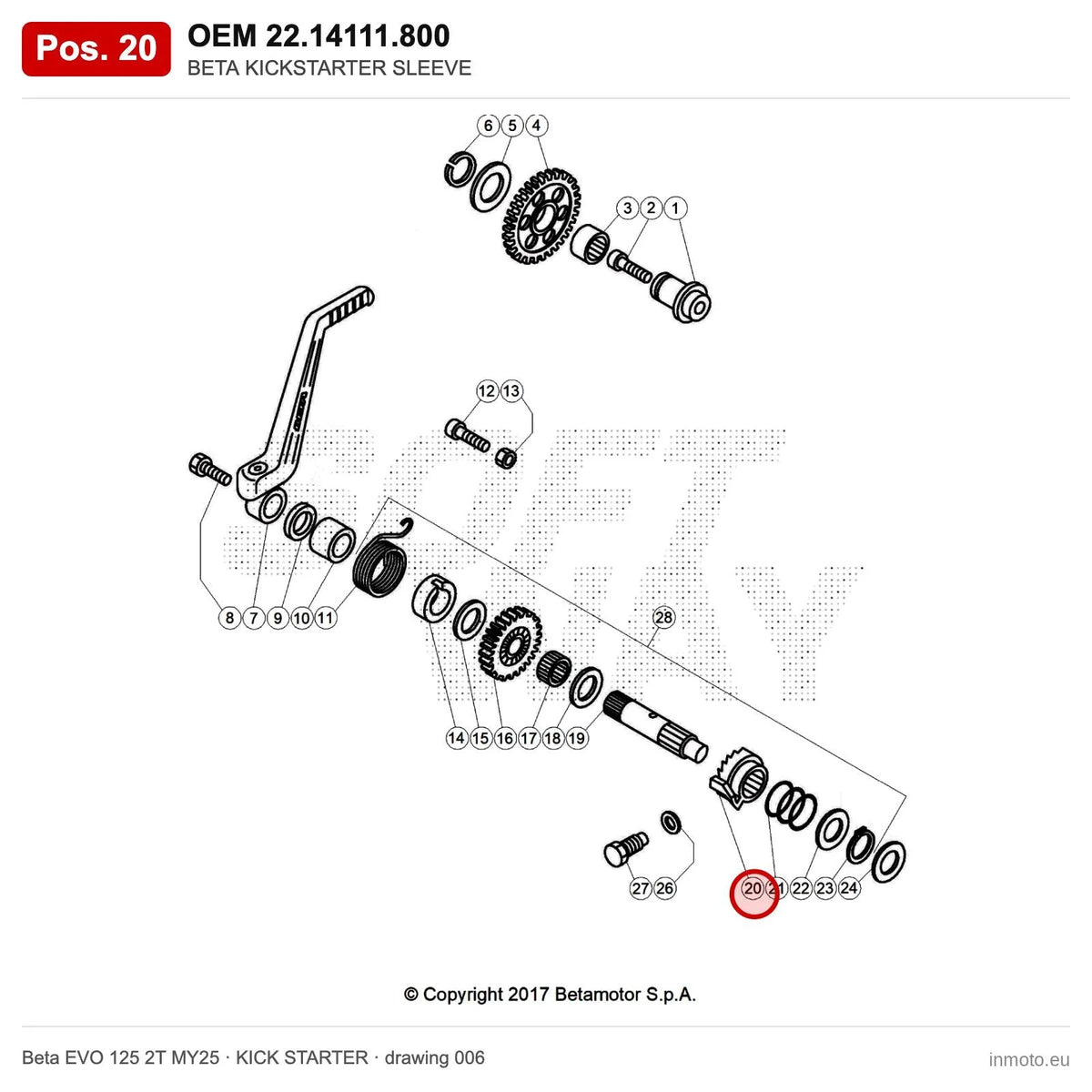 BETA KICKSTARTER SLEEVE – OEM 22.14111.800, position 20 on the Beta EVO 125 2T MY25 kick starter drawing