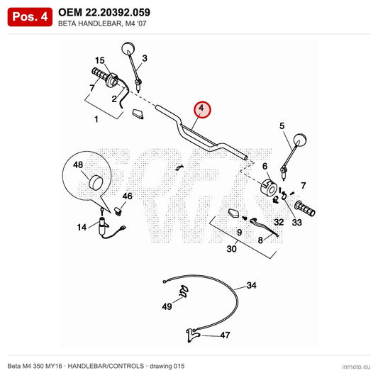 BETA HANDLEBAR, M4 '07 – OEM 22.20392.059, position 4 on the Beta M4 350 MY16 handlebar/controls drawing
