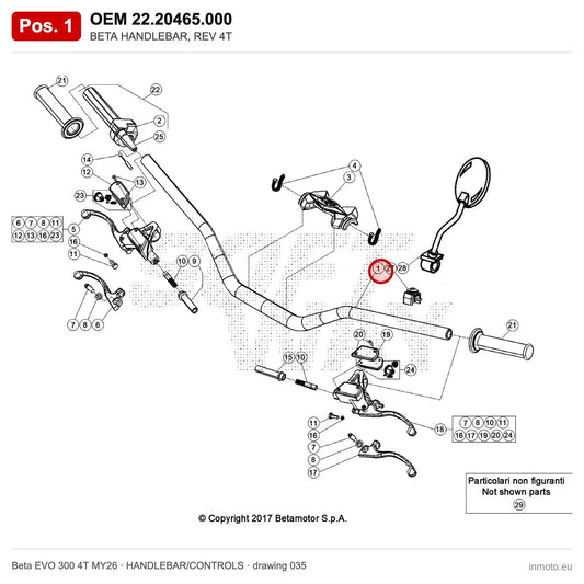 BETA HANDLEBAR, REV 4T – OEM 22.20465.000, position 1 on the Beta EVO 300 4T MY26 handlebar/controls drawing