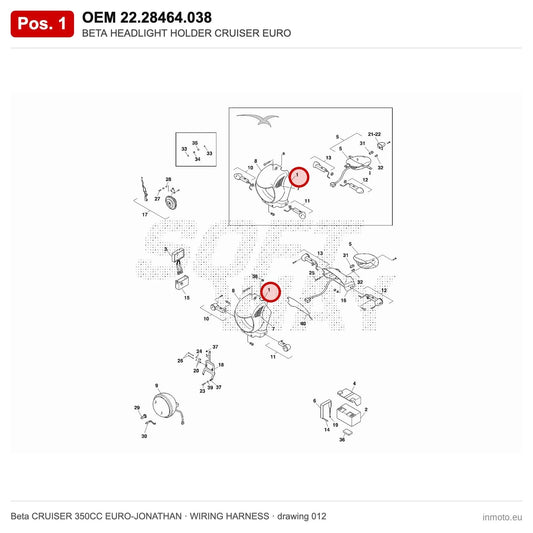 BETA HEADLIGHT HOLDER CRUISER EURO – OEM 22.28464.038, position 1 on the Beta CRUISER 350CC EURO-JONATHAN wiring harness drawing
