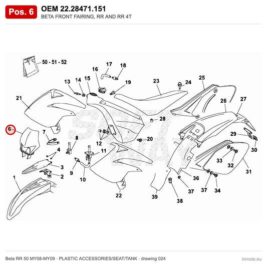 BETA FRONT FAIRING, RR AND RR 4T – OEM 22.28471.151, position 6 on the Beta RR 50 MY08-MY09 plastic accessories/seat/tank drawing
