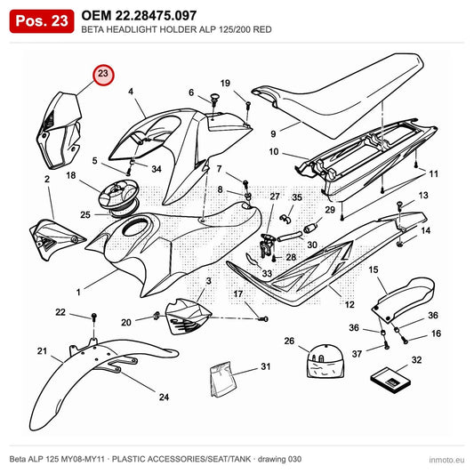 BETA HEADLIGHT HOLDER ALP 125/200 RED – OEM 22.28475.097, shown on the Beta ALP 125 MY08-MY11 plastic accessories/seat/tank drawing