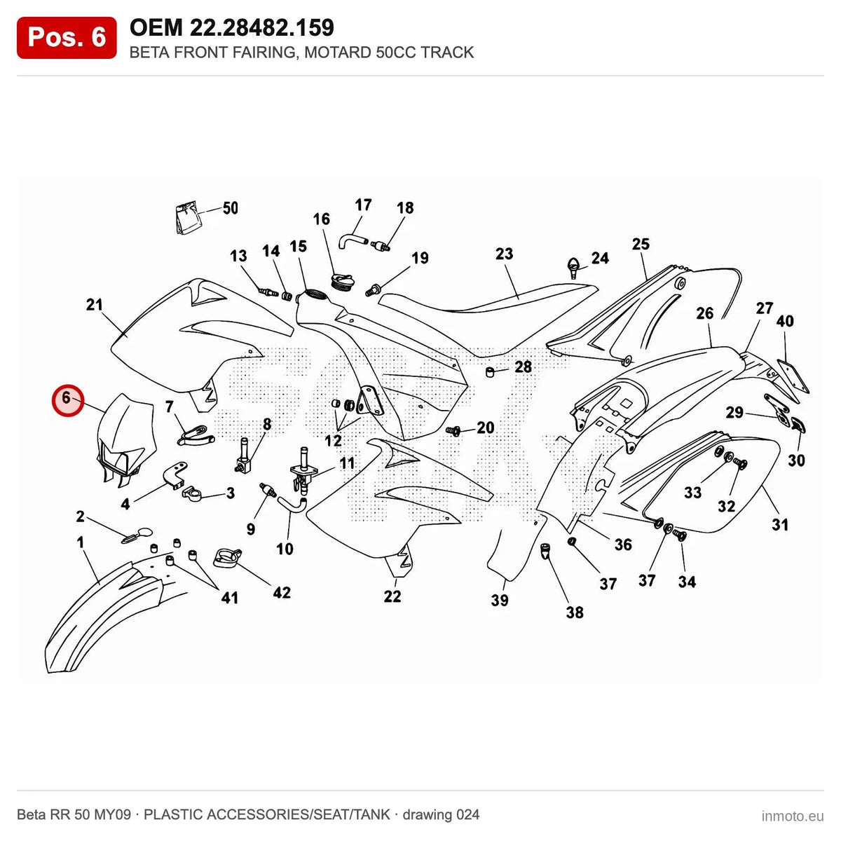 BETA FRONT FAIRING, MOTARD 50CC TRACK – OEM 22.28482.159, position 6 on the Beta RR 50 MY09 plastic accessories/seat/tank drawing