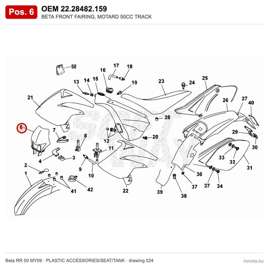 BETA FRONT FAIRING, MOTARD 50CC TRACK – OEM 22.28482.159, position 6 on the Beta RR 50 MY09 plastic accessories/seat/tank drawing