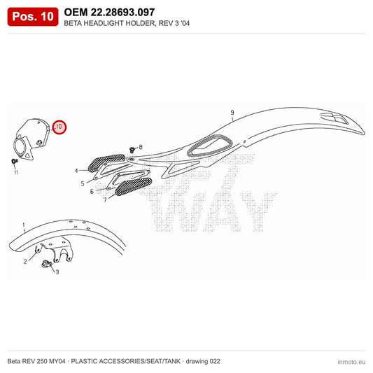 BETA HEADLIGHT HOLDER, REV 3 '04 – OEM 22.28693.097, position 10 on the Beta REV 250 MY04 plastic accessories/seat/tank drawing