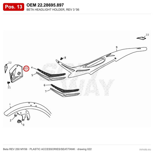 BETA HEADLIGHT HOLDER, REV 3 '06 – OEM 22.28695.897, position 13 on the Beta REV 250 MY06 plastic accessories/seat/tank drawing